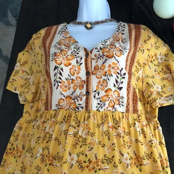 Kirundo Mini Dress Bohemian Short Sleeve Size Large Mustard Floral New - Picture 9 of 13